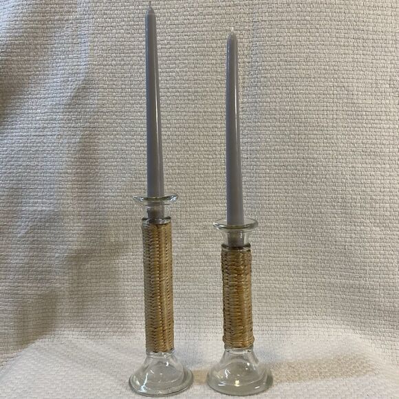 Clear Glass Candlesticks Holders Wicker Straw Wrapped 2 Heights Set Of Two - Picture 1 of 6